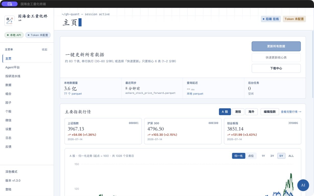 国海金工量化终端主页实机截图